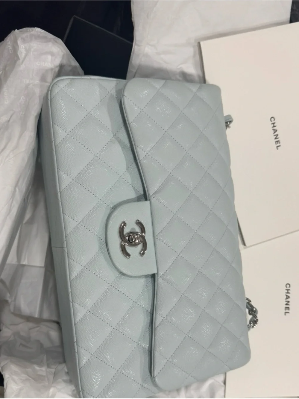 CHANEL Light Blue Quilted Double Flap Shoulder Bag